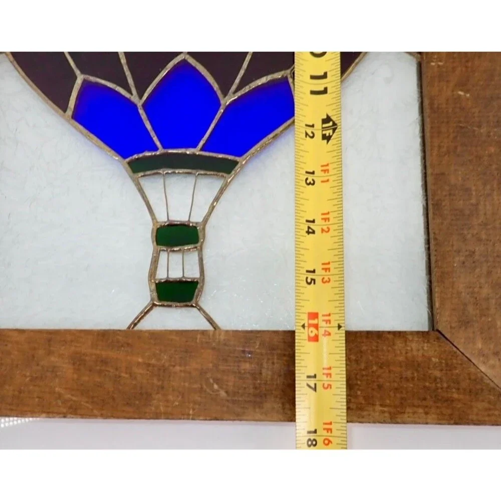 Rainbow Hot Air Balloon Stained Glass Wood Framed Window Panel 13